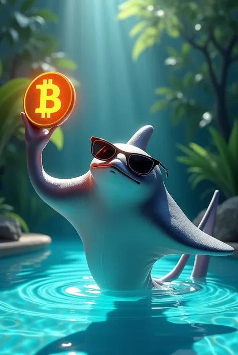 A stingray is proudly raising bitcoin in the middle of the pool with dark glasses.  