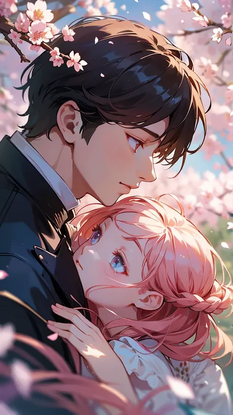  The young couple dances in the cherry blossom garden ,  While the petals are scattered 、The girl sings beautifully ,  The boy i...