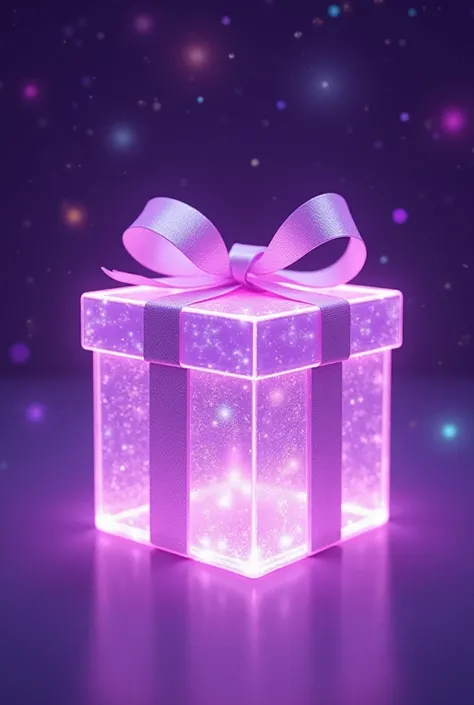 "Create a shimmering, translucent purple gift box with glowing edges and a holographic effect. The box should have a glossy fini...