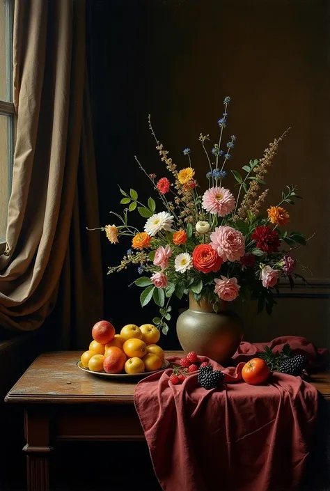 still life painting with l &#39;oil,  in the historic interior environment, chambre obscure,  cinematic lighting ,  contrasting...