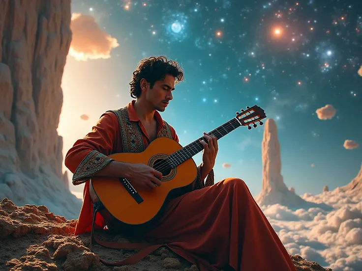 Spanish playing the acoustic guitar, In a futuristic space landscape