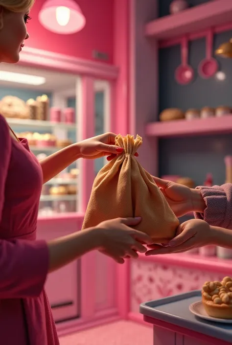 Realistic image showing only Barbie's hands receiving the bag with bread from the seller's hands, inside Barbieland's pink baker...