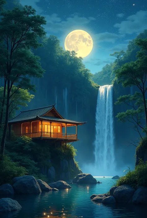The house of bamboo , behind him there is a waterfall with green jukut , with a crescent moon in the middle of the night surroun...
