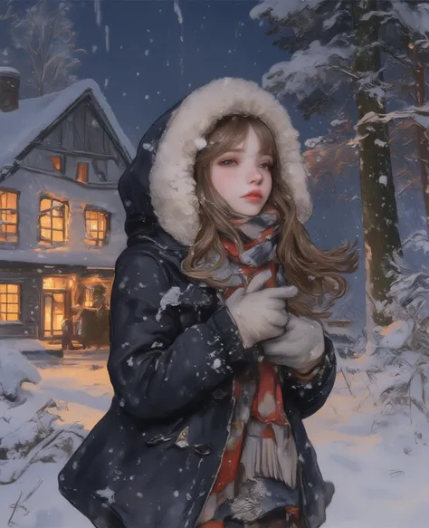     gently pouring down in a realistic winter scene   、   Long Haired Anime Girl    ,       Flowing Hair   ,  wear comfortable c...