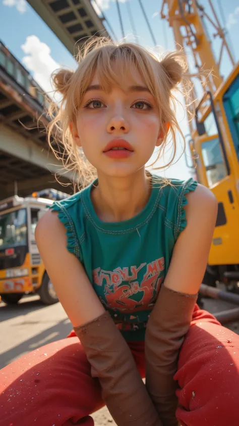 8k, masterpiece, highest quality,  Korea's Beautiful Women, Low-angle, fisheye, close-up. Blonde, buns, bangs, East Asian, featu...