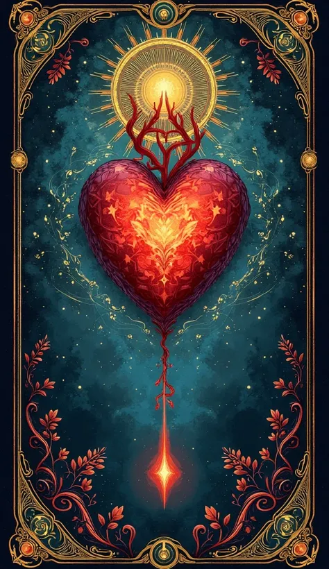  Create a tarot card with a heart in the center, Let the card cover the entire image 