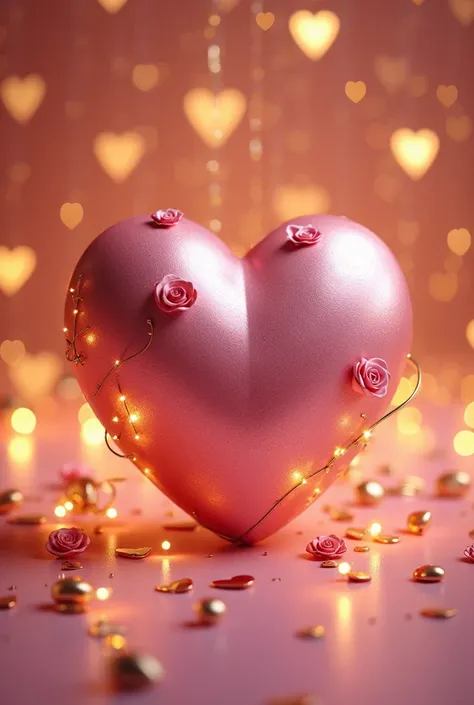 A vibrant pink metallic heart adorned with small pink roses and golden accents, surrounded by scattered golden hearts on the sur...