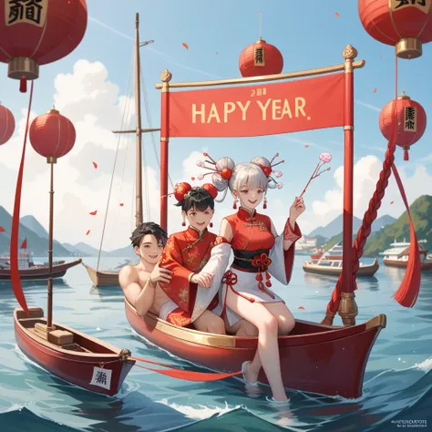 text "Happy chinese new year 2025" in center, celebration , bags of gold, Silver ingots, golden sycee, chinese gold ingot in sha...