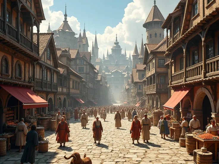 view from ground, wide open city square for traders, inside medieval European metropolis , 8k, masterpiece, medieval fantasy atm...