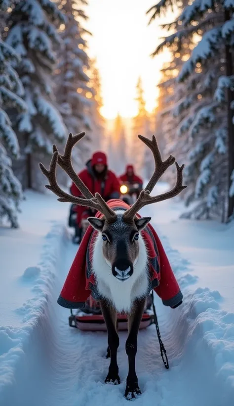 "The rescue team is transporting the injured reindeer on a sled through the snowy terrain, with their snowmobiles in the backgro...