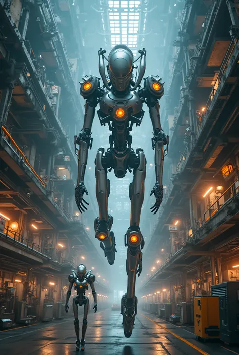 Futuristic factory of robotic cnc selflearning war machines reproducing themselves highly detailed in a highest quality and quan...