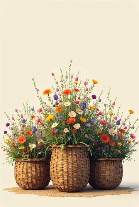 3 big baskets not touching each other, full of wild colorfull flowers
