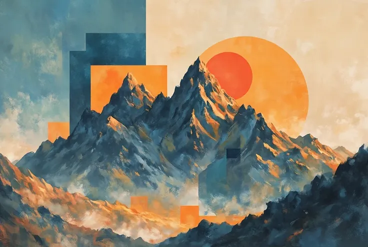A breathtaking geometric mountain landscape inspired by Bauhaus and Cubism. Sharp, angular peaks rise against a surreal sky, com...