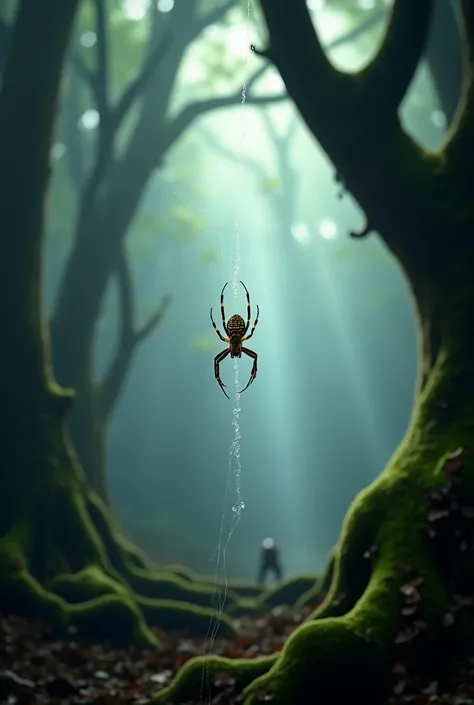 A lone spider with intricate patterns on its back hangs from a nearly invisible silk thread in the middle of a dense, misty fore...