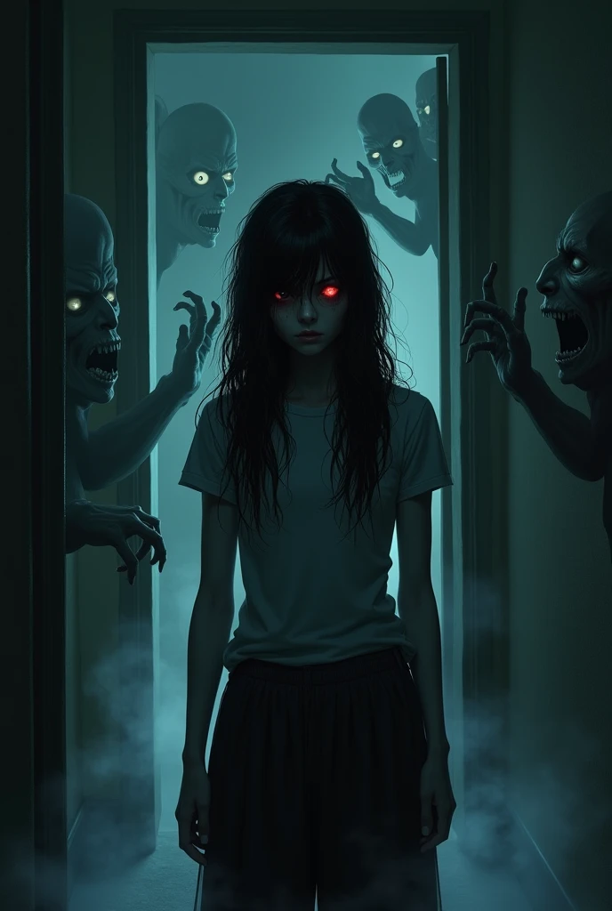 cena:  A young woman with long and disheveled hair is standing in a narrow and dark corridor , with dimly blinking lights .  Her...