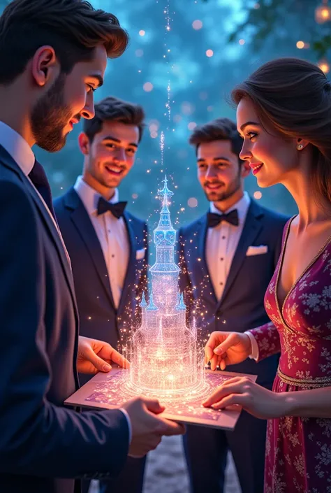 An image of a digital invitation where all the ren are well dressed and smiling at the enchanted digital invitation