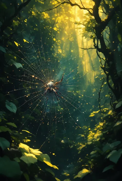 Surrealism, 8K quality, allegorical scene, a spider's web quietly spun in a deep forest, the spider and the countless droplets o...
