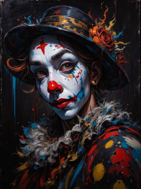 playful clown （Clown）Oil painting of a man , White painted face, The tears drawn under the right eye symbolically express sorro...