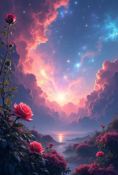 nebula with a rose and leaves on the left side and 3 stars lining up on the far right side 