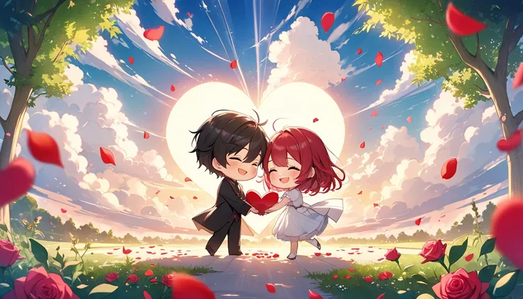  The image depicts a romantic and fanciful scene with a vibrant and enchanting artistic style.  Two hands hold a large open enve...