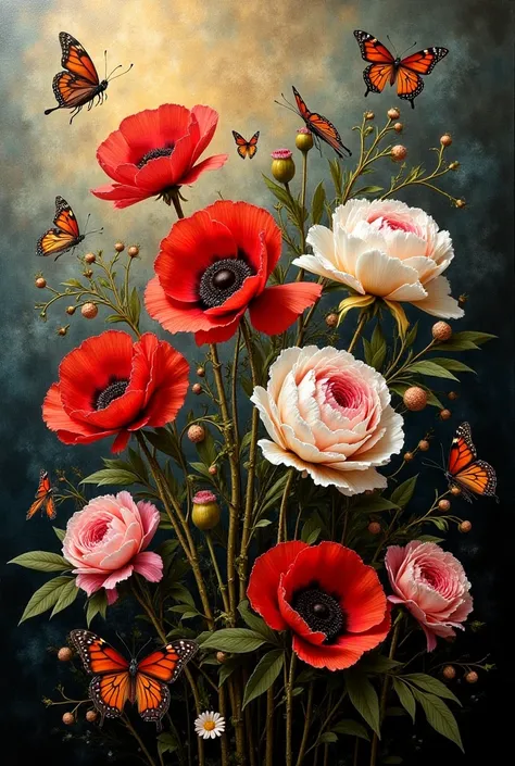 A highly detailed, darkly atmospheric oil painting in horizontal orientation, featuring vibrant flowers and intertwining vines. ...