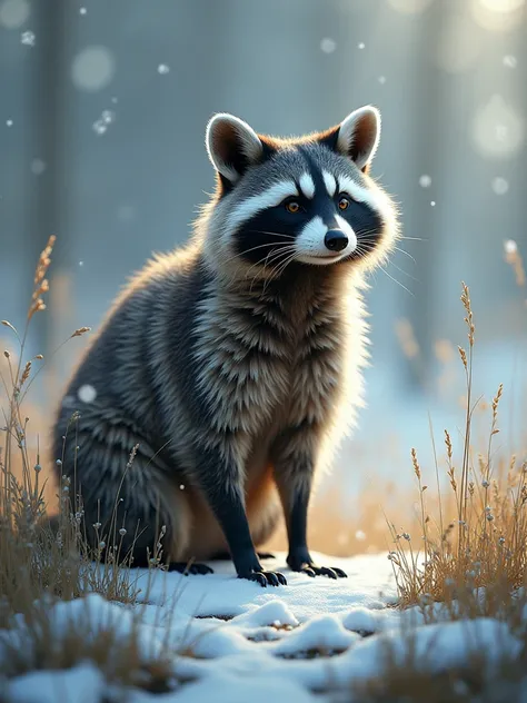 one realistic racoon , background of green grass plains mixed with snow, 8k, masterpiece quality, fantasy atmosphere