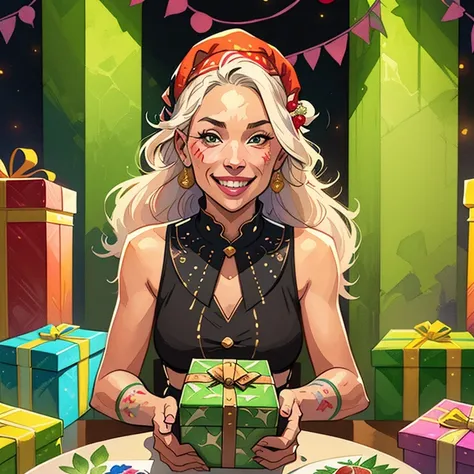 Create a background image of a celebration among friends. In the image there is food, gifts, smiling people and festive decorati...