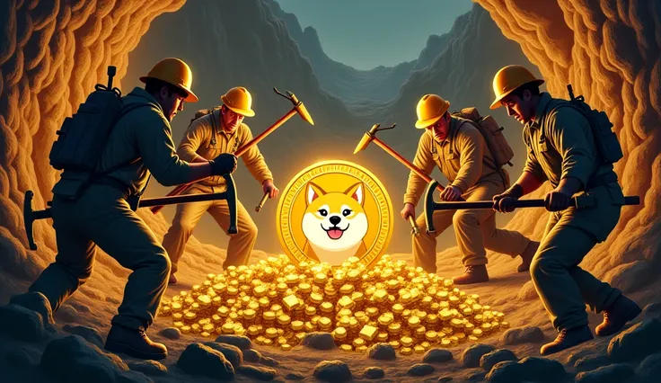The workers digging the mine, Image of digging up Dogecoins like a gold mine, show one dogecoin with image of Doge in center