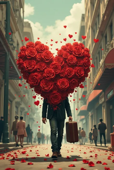 Make an illustration of a man passing through a street with a suitcase where his heart goes full of traces of sensual women with...