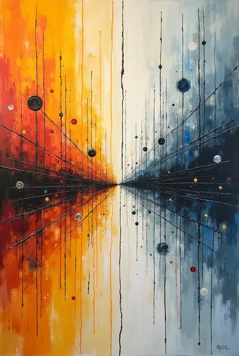 Create a painting or drawing that uses thin and thick lines to represent a movement of separation between two worlds or dimensi...