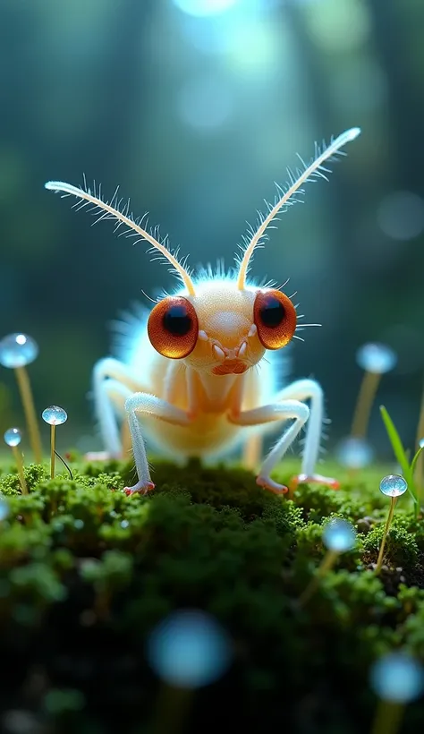 Macro photography of a cute bioluminescent insect perched on moss in a mystical enchanted forest. Its translucent skin glows fai...