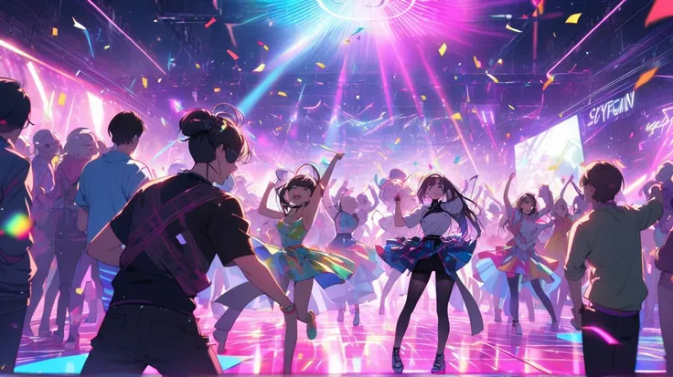 A neon-lit dance floor filled with people in colorful outfits, dancing to electronic music. Confetti, lasers, and a smoke machin...
