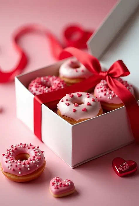 Decorated mini donuts for Valentine's Day placed in a white box for mini donuts with a red ribbon and dedication card