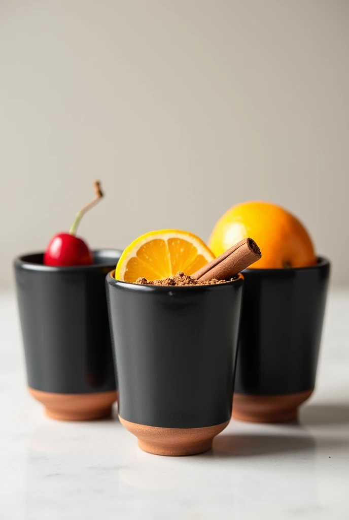  Three craft cups with a black lid, one side by side is a cherry ,  the second is a sliced orange , , the third is lined with ci...