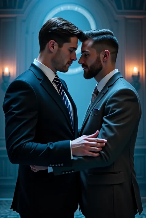   high,  burly white man with short hair  ,   long hair  ,  who wears a black two-piece suit with a white shirt and a blue strip...