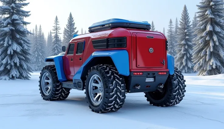 "Stunningly realistic 3D render of the rear back view of a colossal, heavily armored 2025 Bugatti motorhome truck 4x4 designed f...