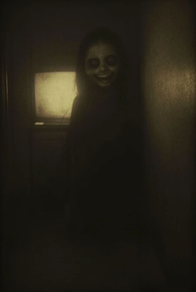 Night room, dark room, completely darkened room, tv on, sepia, grainy, eerie environment. creepypasta is a scary entity in the f...