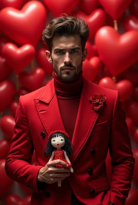 man , sexy,  dressed in red with a Stich doll in her hand and Valentine's hearts 