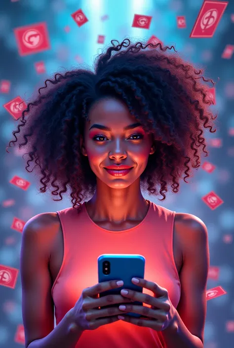 Create for me A curly woman holding a cell phone with social media icons around it,  while money bills come off the screen ,  re...