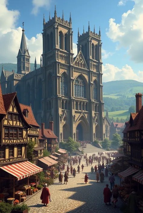 Create an image of a fief with a Gothic cathedral and a market 
