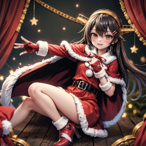 harunaxmasKC, 1girl, solo, long hair, hair ornament, gloves, dress,hairband, hairclip, belt, signature, fingerless gloves, fur t...