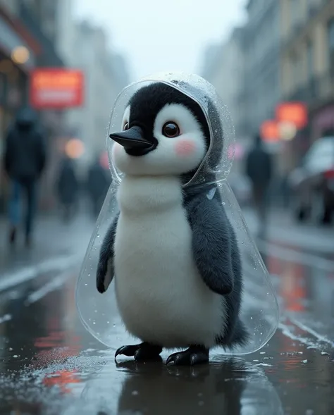 Create the image of a very cute baby penguin, hairy and small, black bico, on a street with a wet floor, It's raining and he wea...