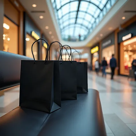 Black shopping bags on bench inside a shopping mall in Colorado, HD, 