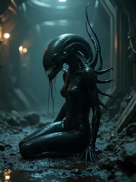 Xenomorph hybrid with a female ,coiled up in a puddle of black goo,spaceship environment,dark surreal photography, dark art,dark...