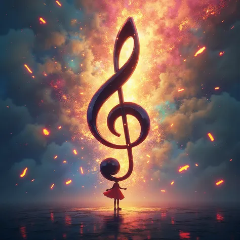 Musical notes flying through the air playing a beautiful symphony, all around an impressive and wonderfully elegant central note...