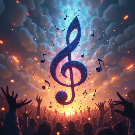 Musical notes flying through the air playing a beautiful symphony, all around an impressive and wonderfully elegant central note...