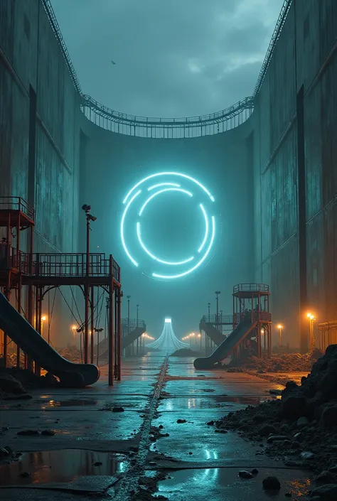  Imagine a vast futuristic arena ,  with dark concrete walls and imposing ,  almost industrial ,  that rise to the background . ...