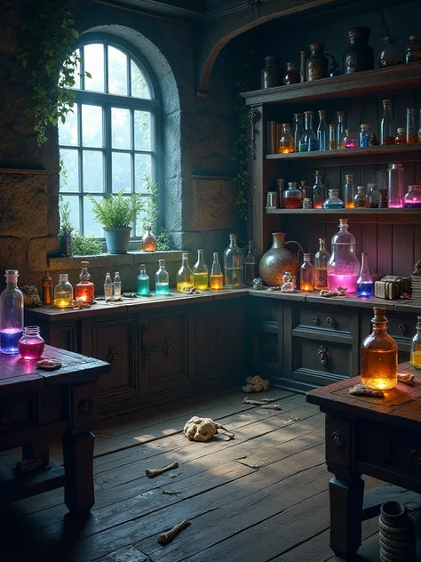 A large room with a wooden floor, a dark vibe, potion bottles on wooden tables, small bones scattered around, colorful gemstones...