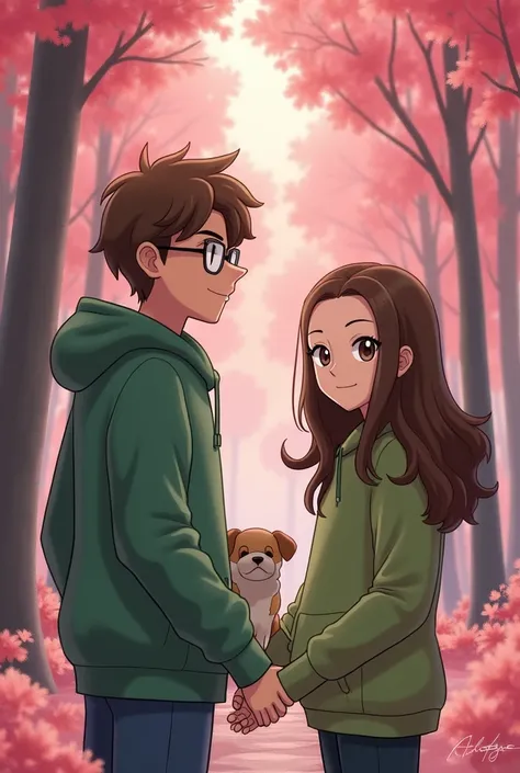 I would like a drawing in the style of a Pokemon card, featuring two people as a couple, with a romantic pink forest as the back...