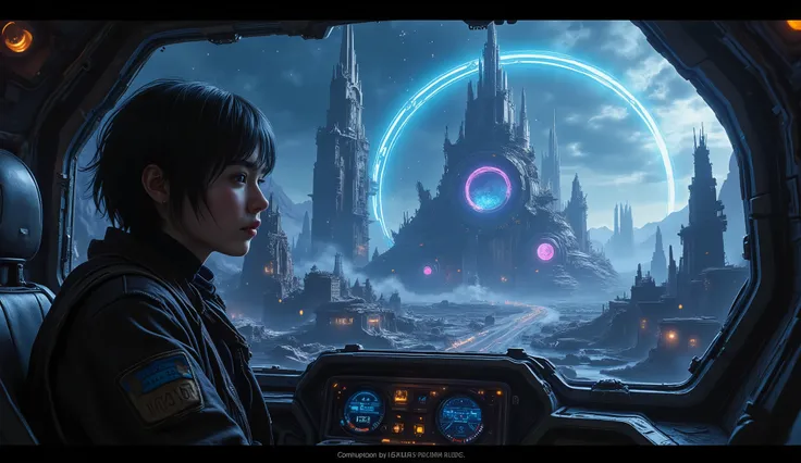 A cinematic shot of a rugged spaceship approaching the ruins of the "Lost Star City," a massive cosmic megastructure floating in...